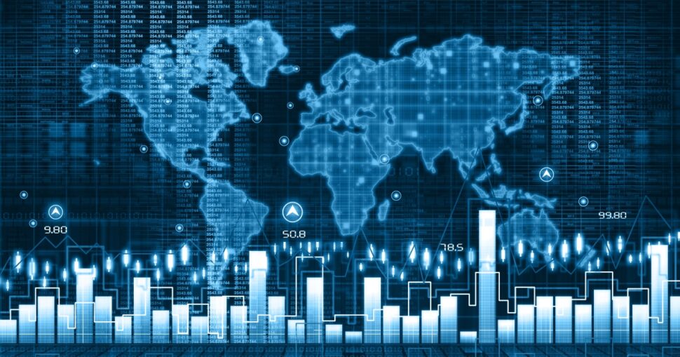 Weltkarte mit Datenmatrix und Balkendiagrammen im digitalen Stil.