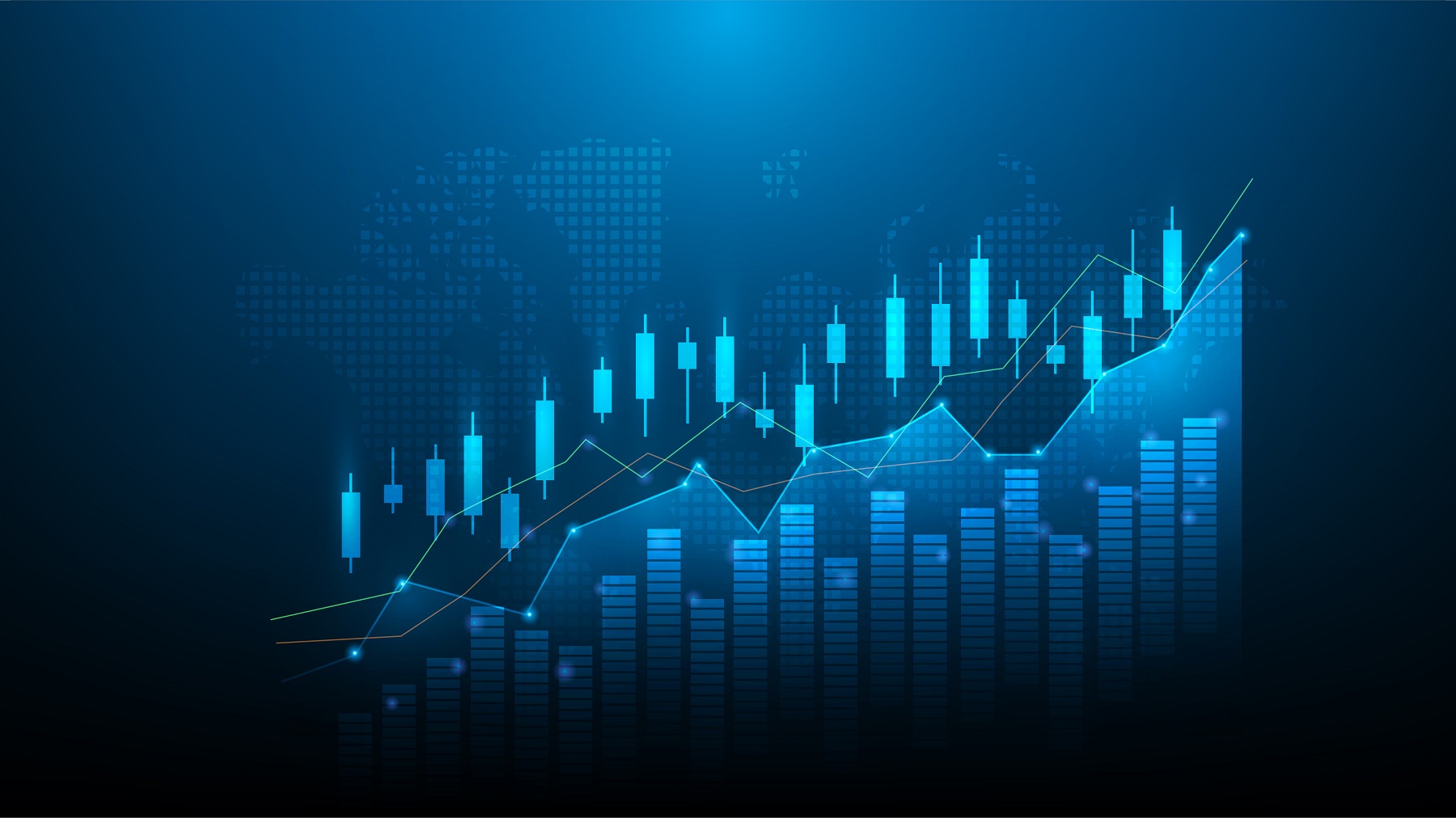 Ein blaues Finanzdiagramm mit Kerzencharts und steigenden Linien. Hintergrund zeigt eine Weltkarte.