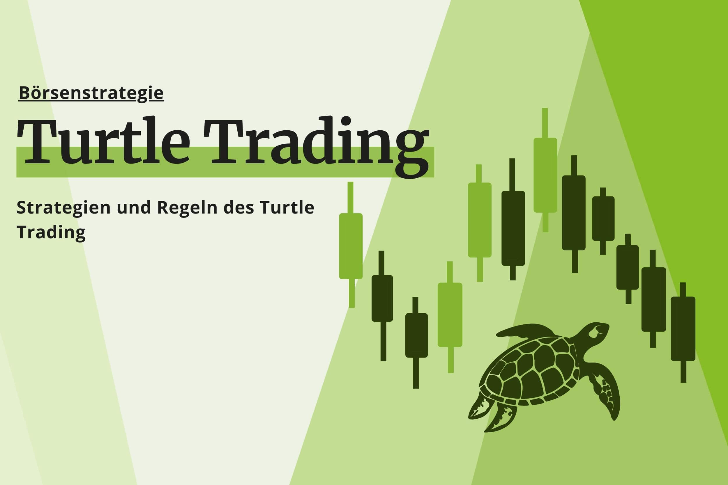 Turtle Trading Konzept mit Diagramm und Schildkröte in verschiedenen Grüntönen.