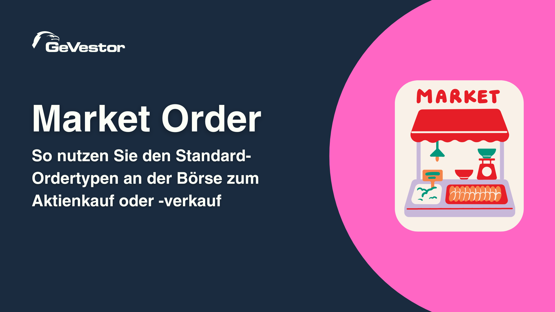 Market Order Text und buntes Marktsymbol mit Waage und Messgerät auf kontrastierendem Hintergrund.