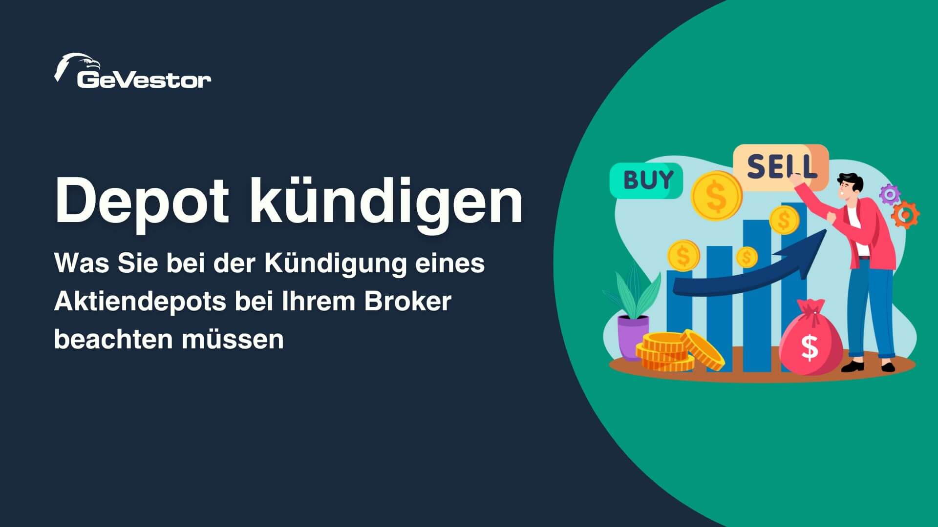 Text: Depot kündigen. Anleitung zur Kündigung eines Aktiendepots. Grafiken von Münzen und Pfeilen.